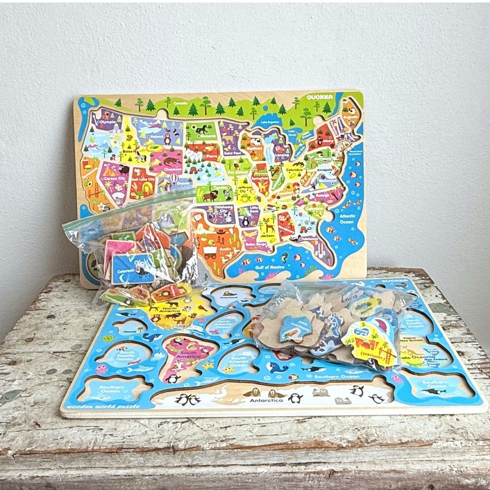 Quokka Wooden USA & World Map Puzzle Set Educational Geography